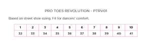 pro toes revolution sizing chart